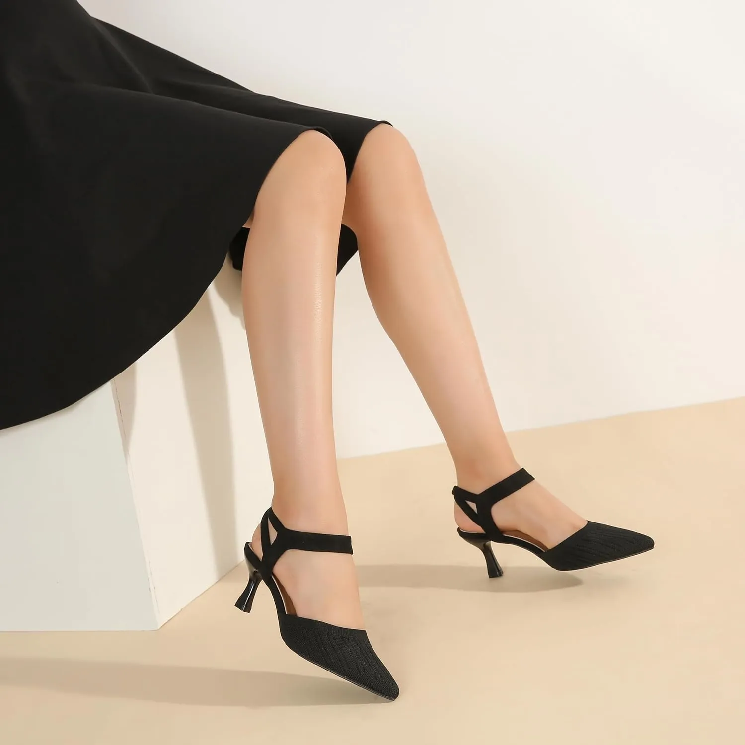 fereshte Women's Low Kitten Heels Knit Pumps Elastic Ankle Strap Slingback Dress Shoes