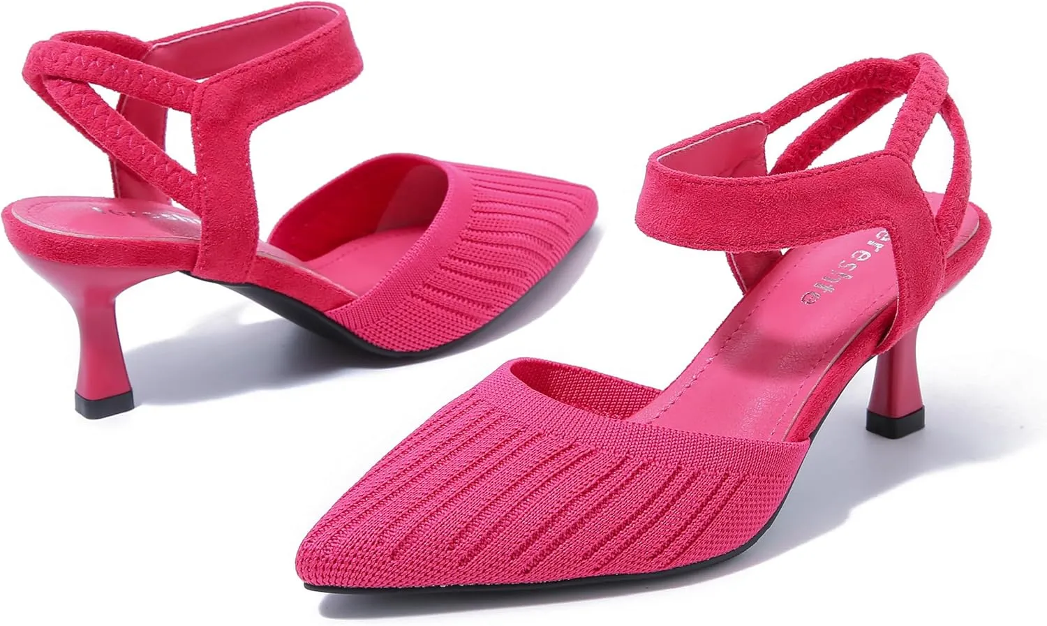 fereshte Women's Low Kitten Heels Knit Pumps Elastic Ankle Strap Slingback Dress Shoes