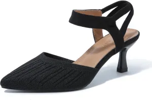 fereshte Women's Low Kitten Heels Knit Pumps Elastic Ankle Strap Slingback Dress Shoes