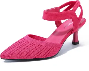 fereshte Women's Low Kitten Heels Knit Pumps Elastic Ankle Strap Slingback Dress Shoes