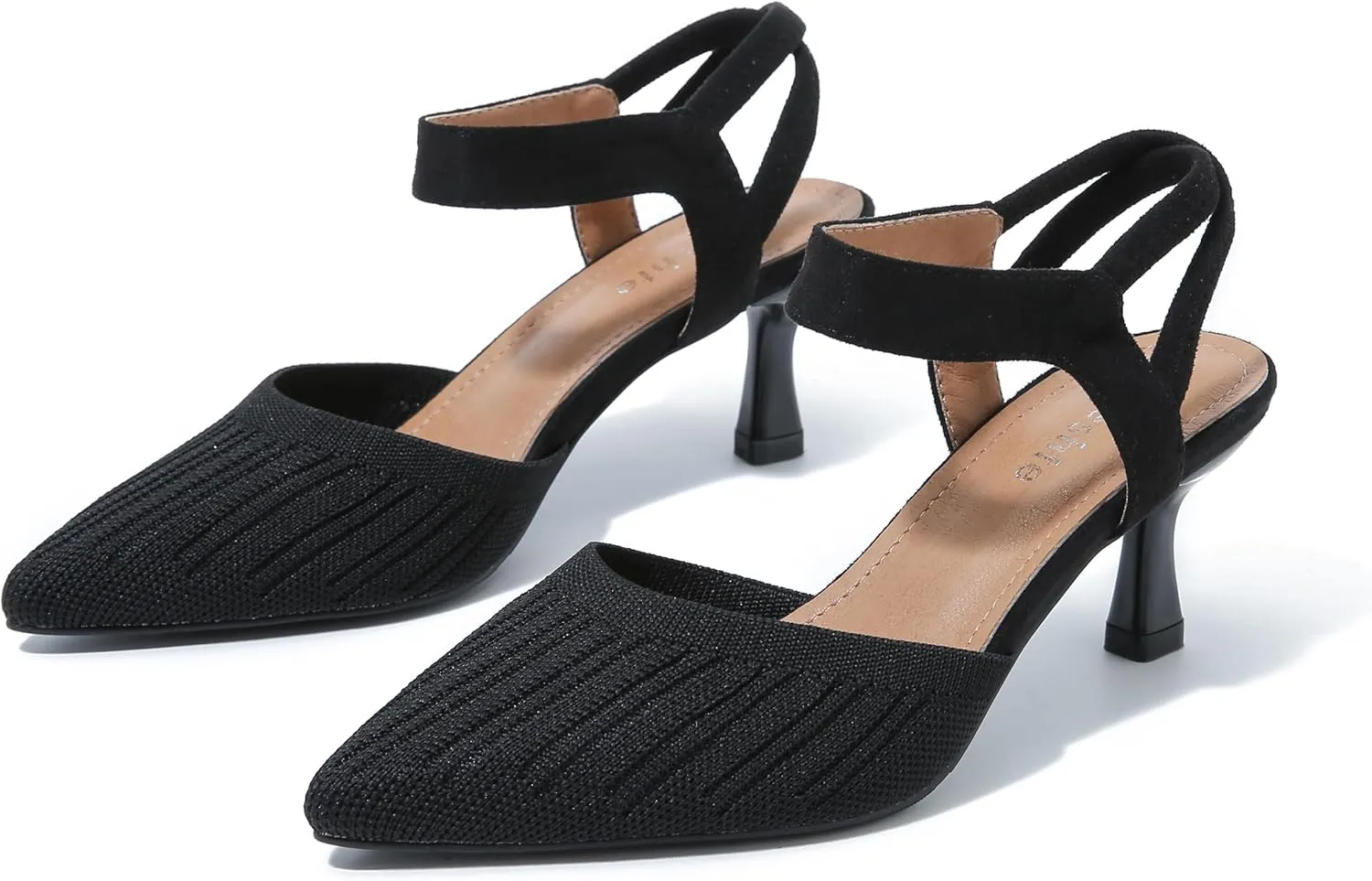 fereshte Women's Low Kitten Heels Knit Pumps Elastic Ankle Strap Slingback Dress Shoes
