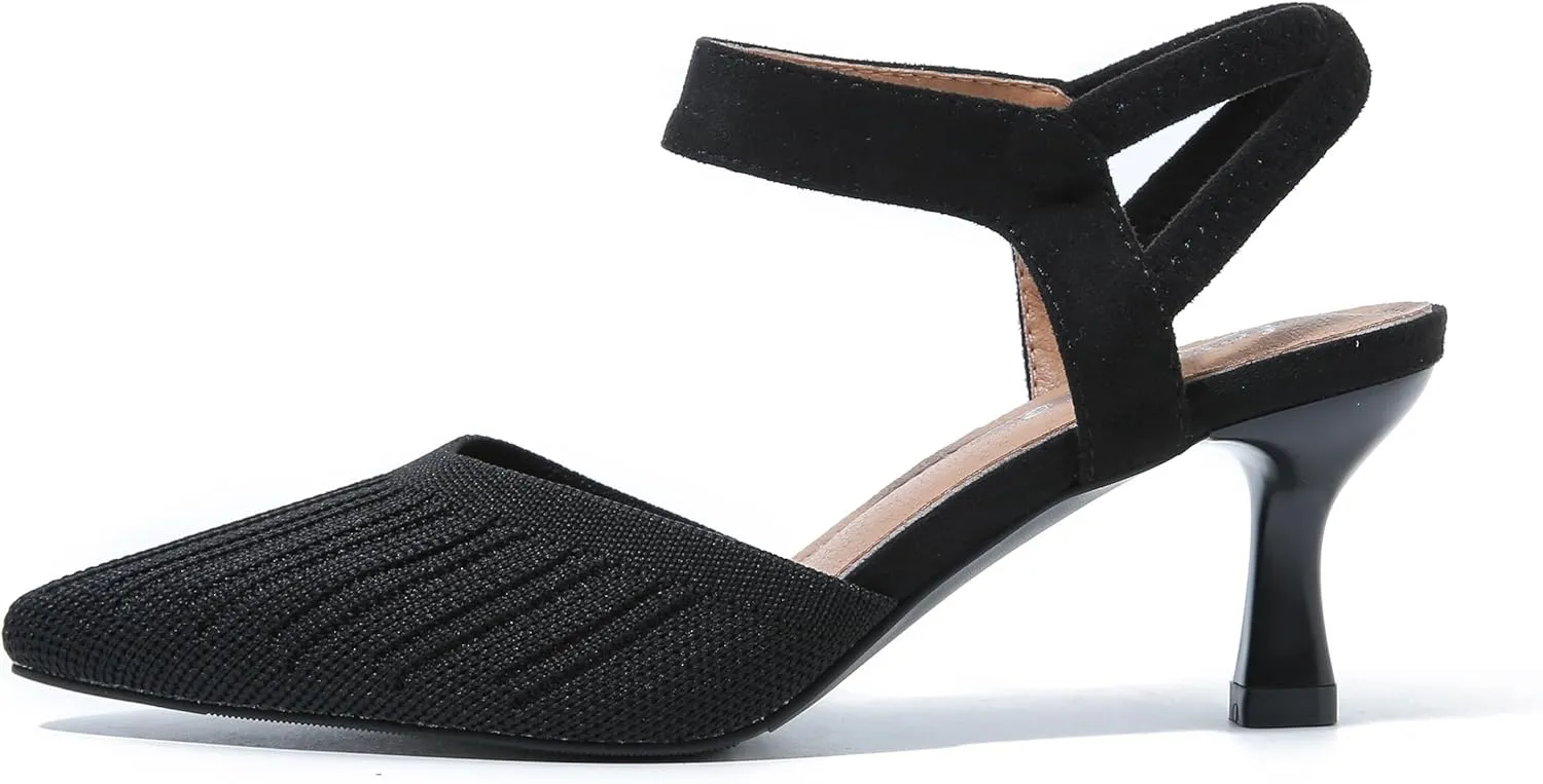 fereshte Women's Low Kitten Heels Knit Pumps Elastic Ankle Strap Slingback Dress Shoes