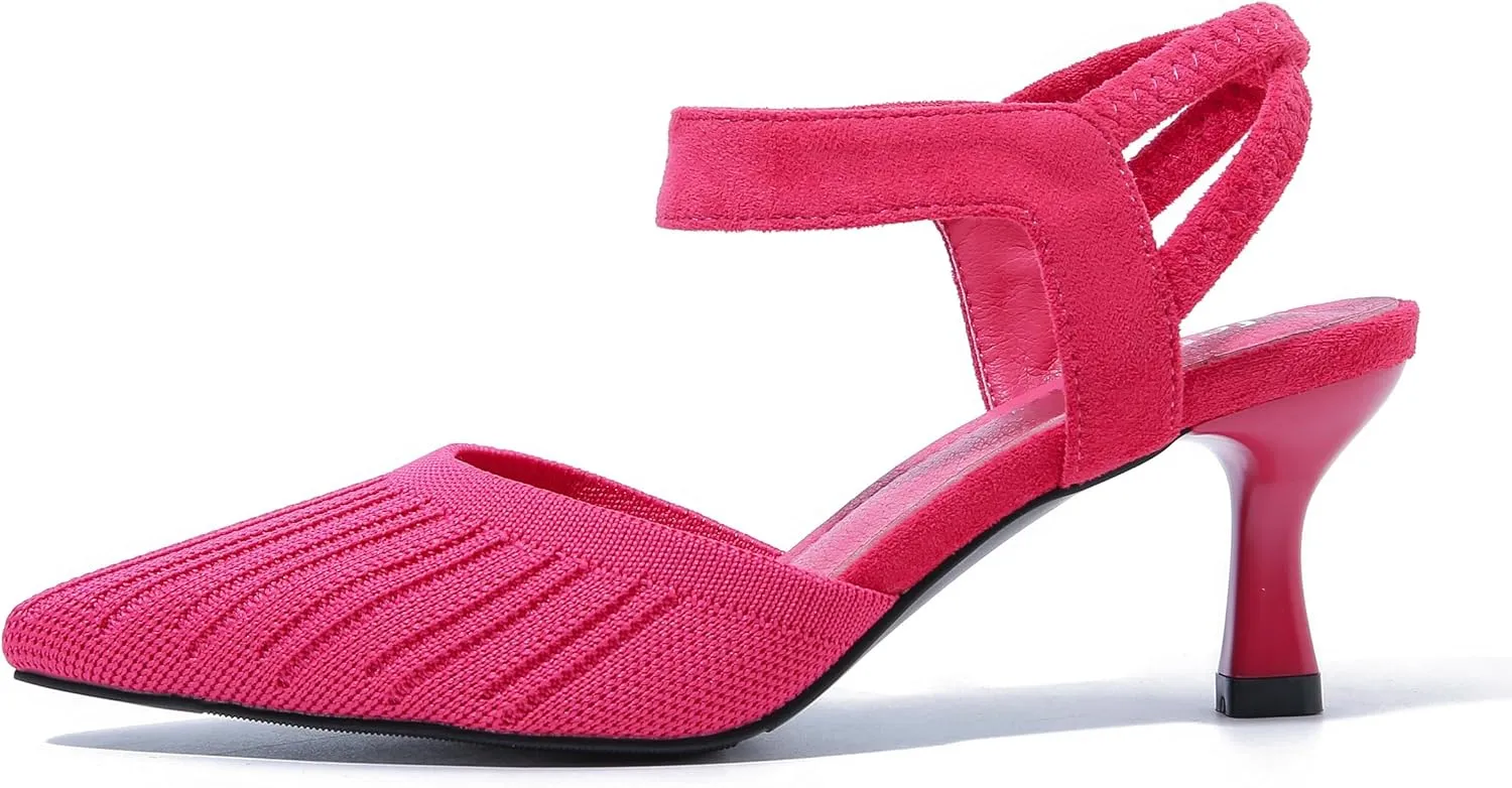 fereshte Women's Low Kitten Heels Knit Pumps Elastic Ankle Strap Slingback Dress Shoes