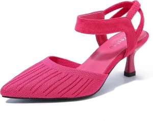 fereshte Women's Low Kitten Heels Knit Pumps Elastic Ankle Strap Slingback Dress Shoes