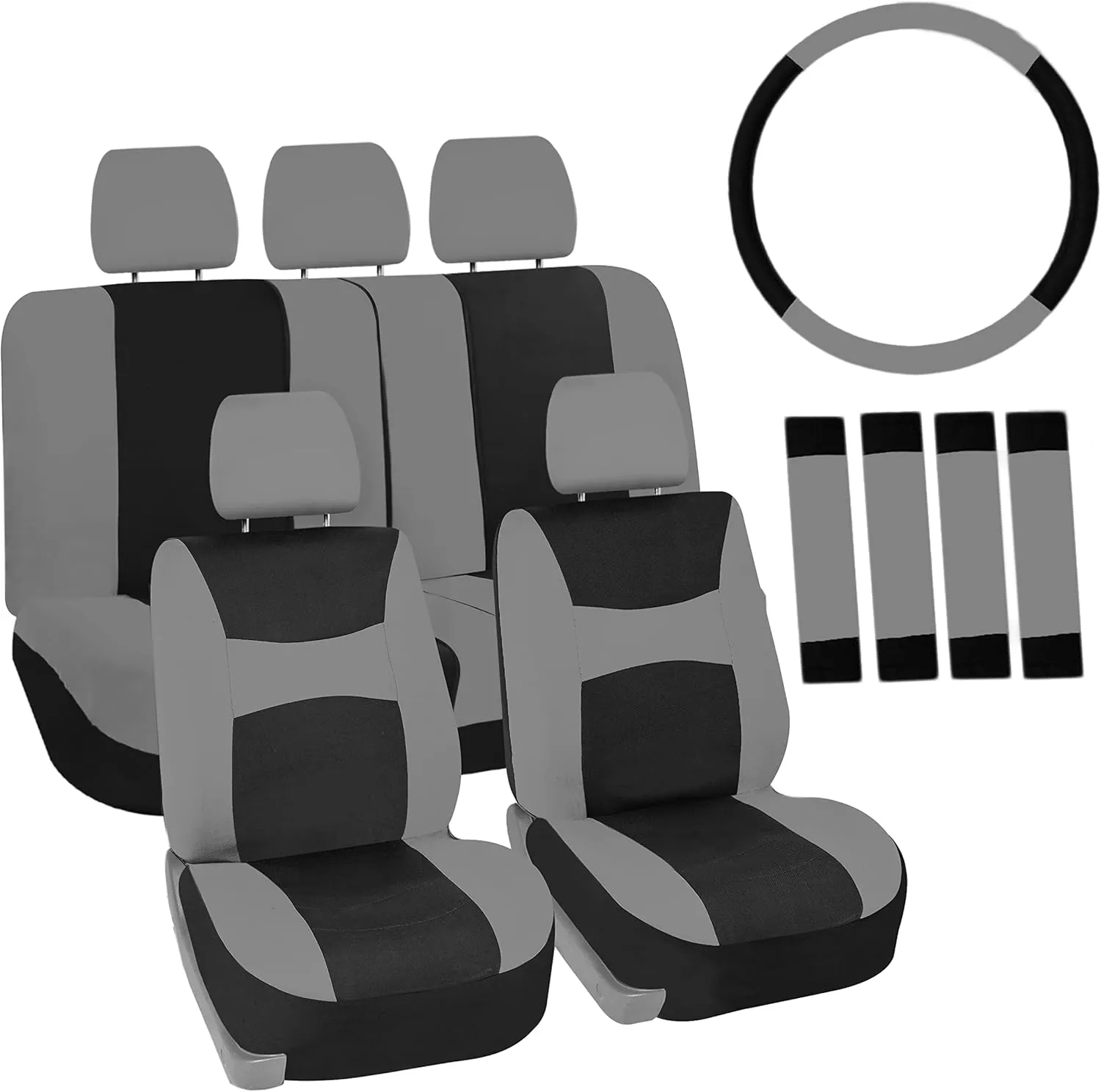 FH Group Car Seat Cover Light Breezy Automotive Seat Covers Flat Foam Padding Cloth Full Combo Set Gray Seat Covers, Airbag and Split Rear Universal Fit Interior Accessories for Cars Trucks and SUV