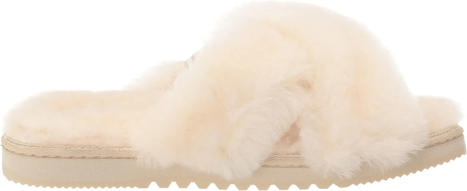 Fireside by Dearfoams Women's Newcastle Crossband All Over Shearling Easy on/Off Slide Slipper