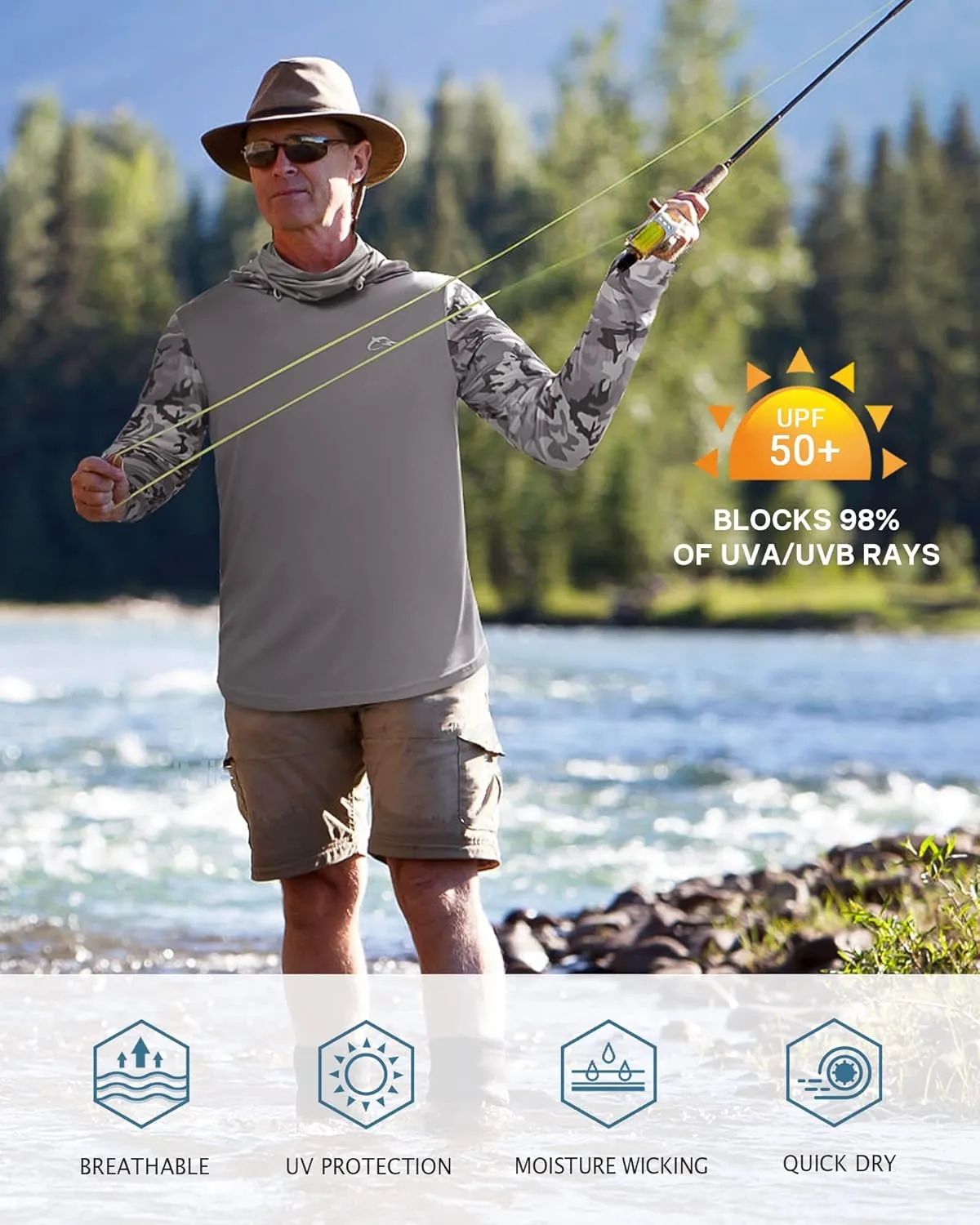 FISHEAL Men's Performance Fishing Hoodie Shirt - UPF 50  UV Sun Protection Long Sleeve Shirts with Mesh Face Mask