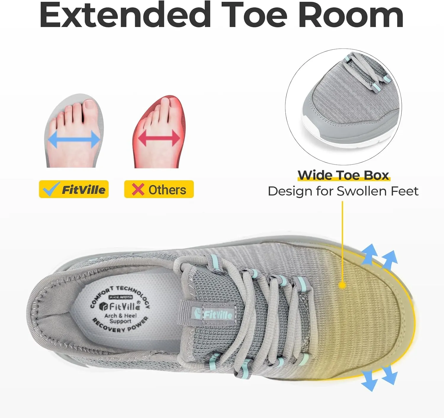 FitVille Women's Slip On Sneakers Wide Shoes Hands Free Running Shoes Slip-On Walking Shoes for Flat Feet Plantar Fasciitis Heel Pain Relief - Cloud Walker V7