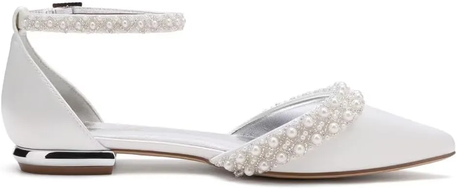 Flat Wedding Shoes for Bride Closed Toe Pearl Bridal Flats Comfortable Wedding Flats