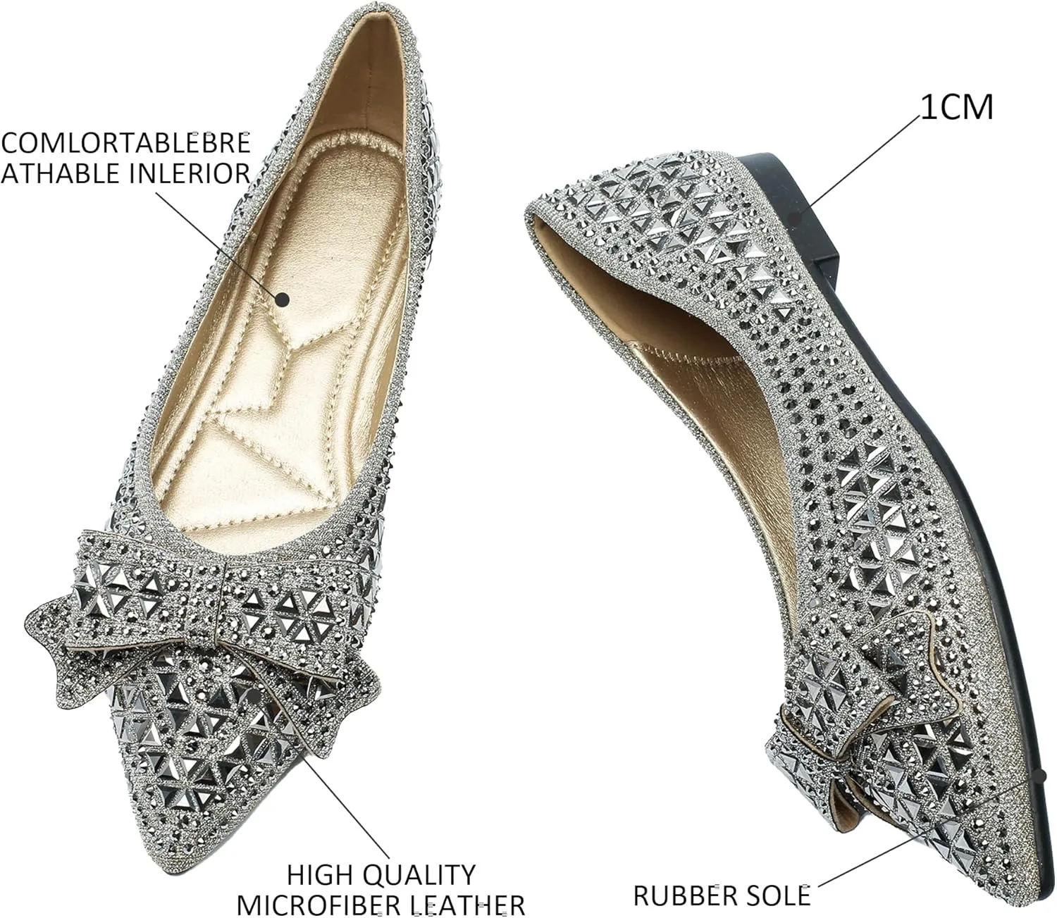 Flats Shoes Women Rhinestone Pointed Head Flats Comfortable Soft Memory Foam Insole Flat Shoes