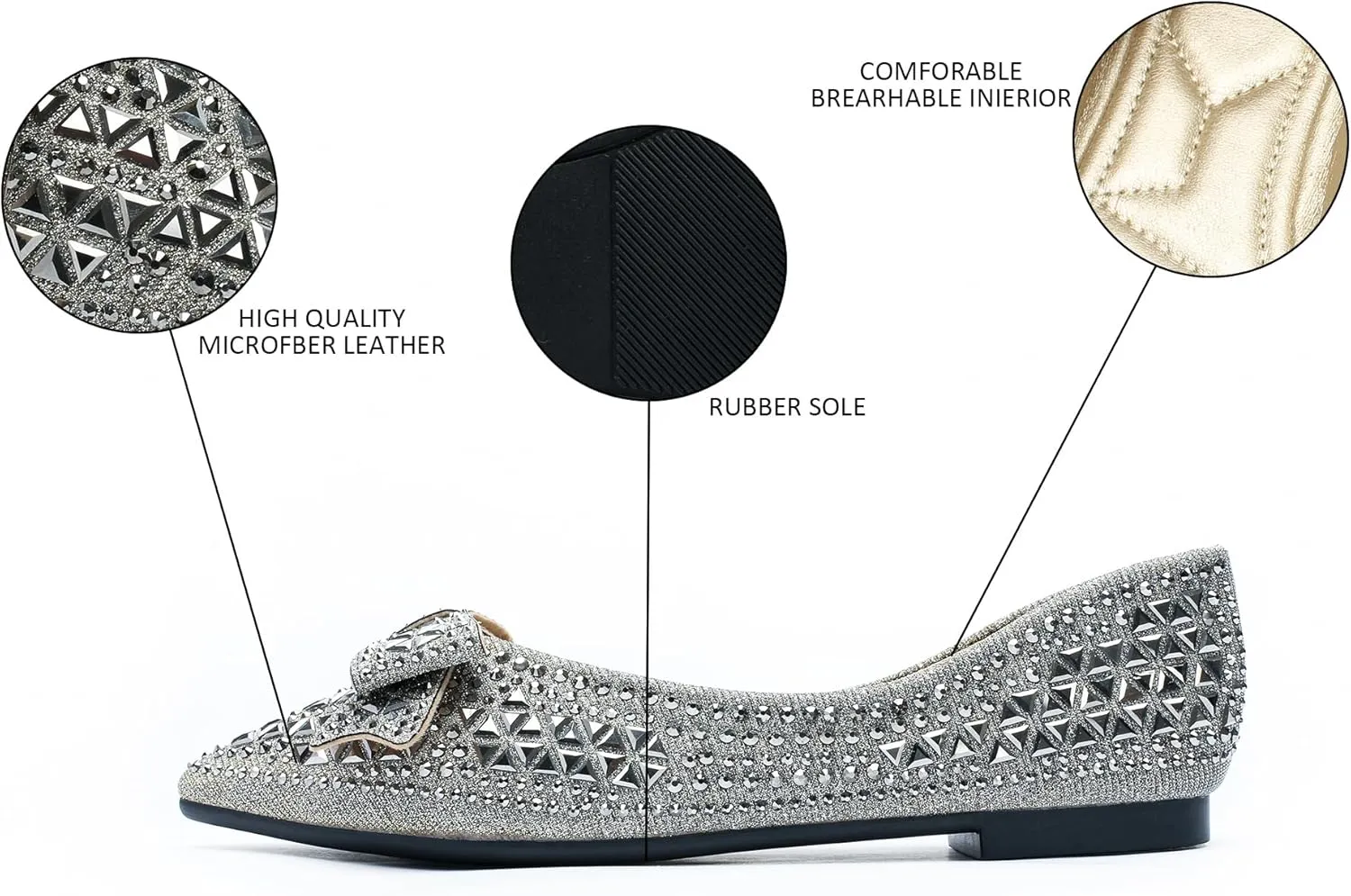 Flats Shoes Women Rhinestone Pointed Head Flats Comfortable Soft Memory Foam Insole Flat Shoes