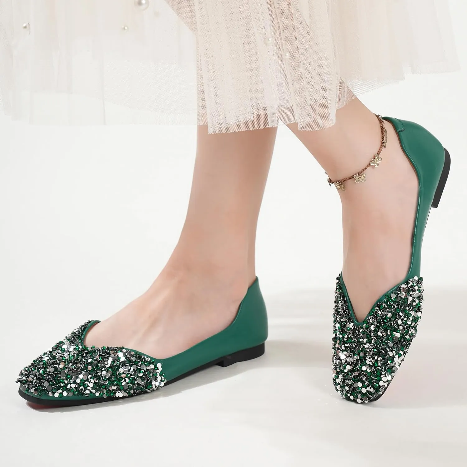 Flats Shoes Women Rhinestone Square Fashion Ballet Flats Wedding Flats for Women Comfortable Slip on Low Heel Dress Shoes