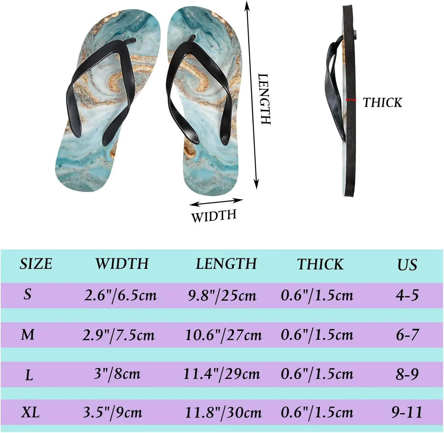 Flip Flops for Women Girls Goldenturquoise Marble Summer Casual Thong Slippers Slide Flat Sandals for Beach