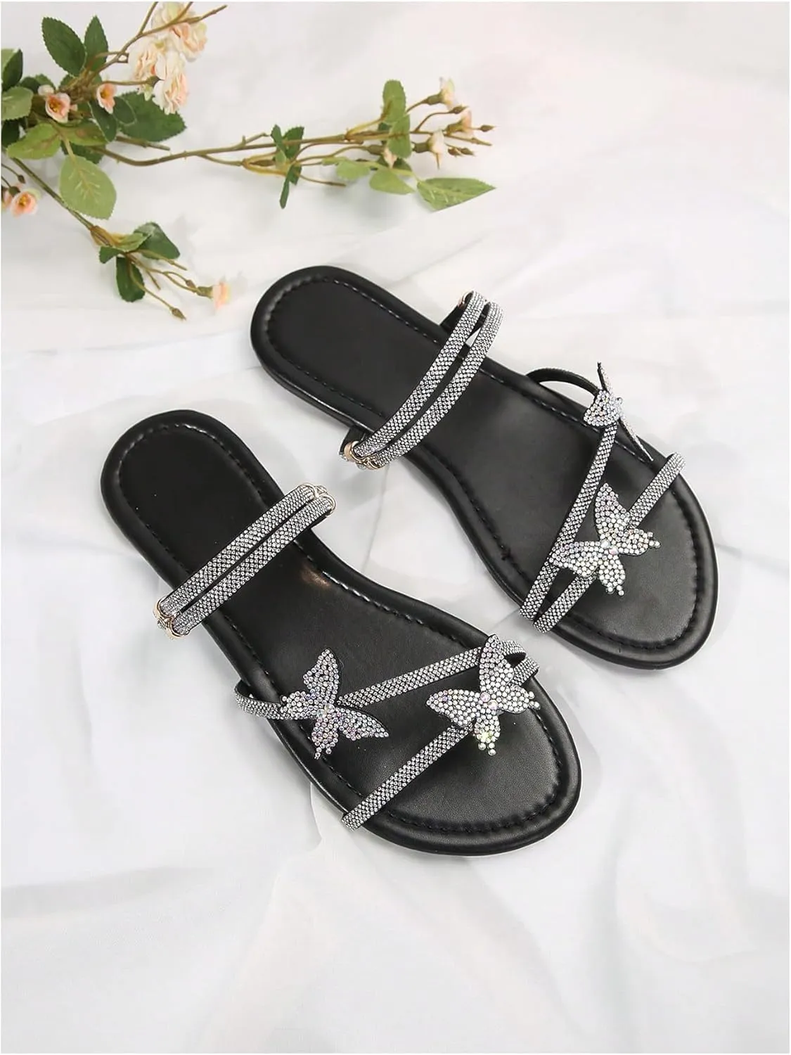 Floerns Women's Elegant Rhinestone Butterfly Transparent Elastic Strap Summer Flat Sandals
