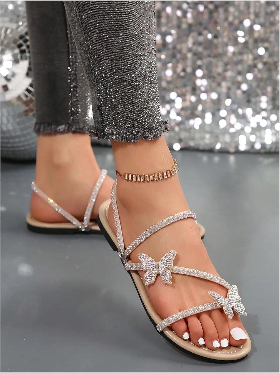 Floerns Women's Elegant Rhinestone Butterfly Transparent Elastic Strap Summer Flat Sandals