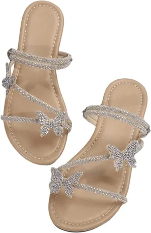 Floerns Women's Elegant Rhinestone Butterfly Transparent Elastic Strap Summer Flat Sandals