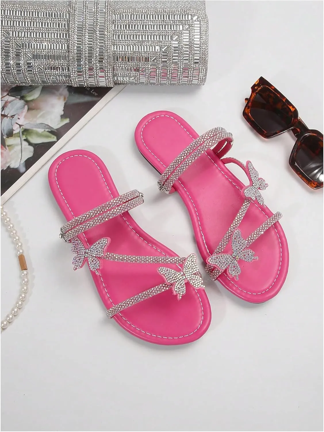 Floerns Women's Elegant Rhinestone Butterfly Transparent Elastic Strap Summer Flat Sandals