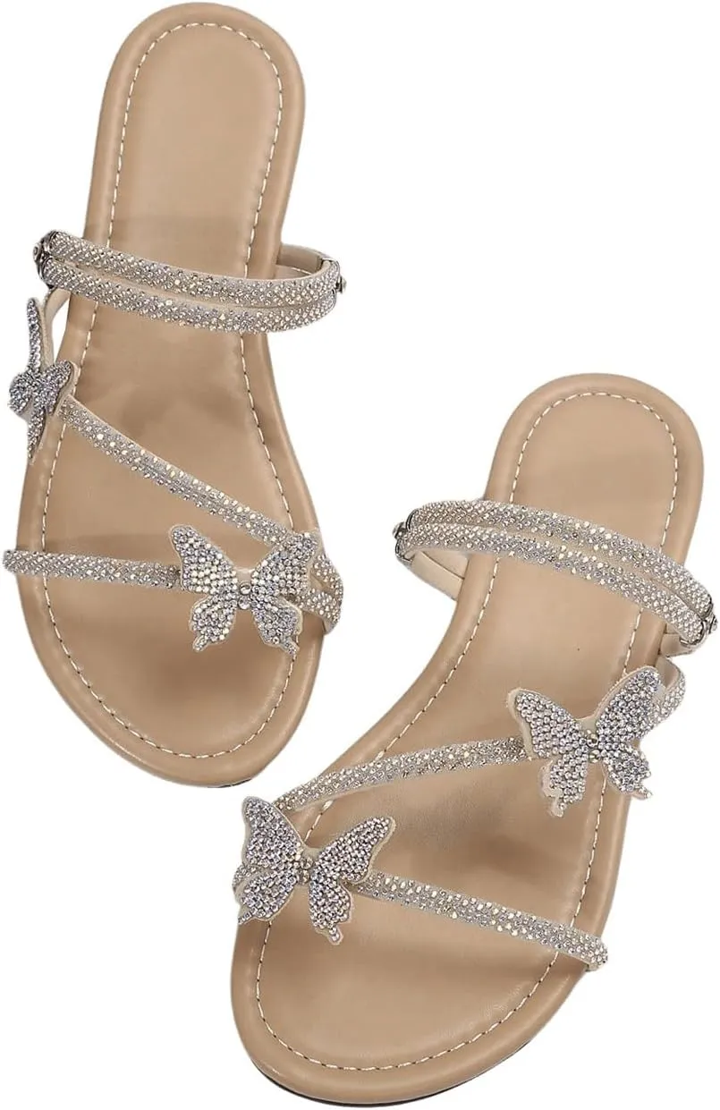Floerns Women's Elegant Rhinestone Butterfly Transparent Elastic Strap Summer Flat Sandals