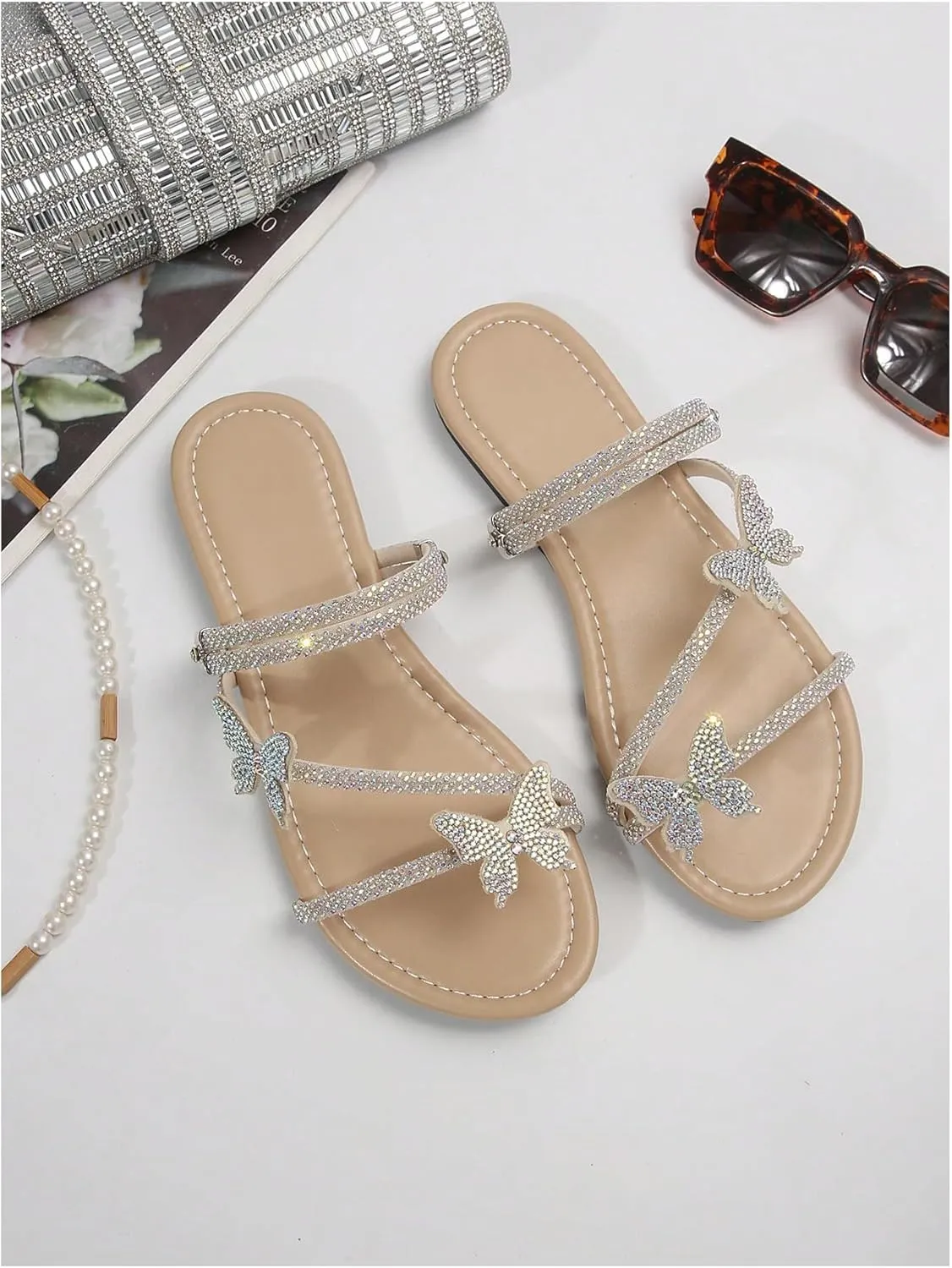 Floerns Women's Elegant Rhinestone Butterfly Transparent Elastic Strap Summer Flat Sandals