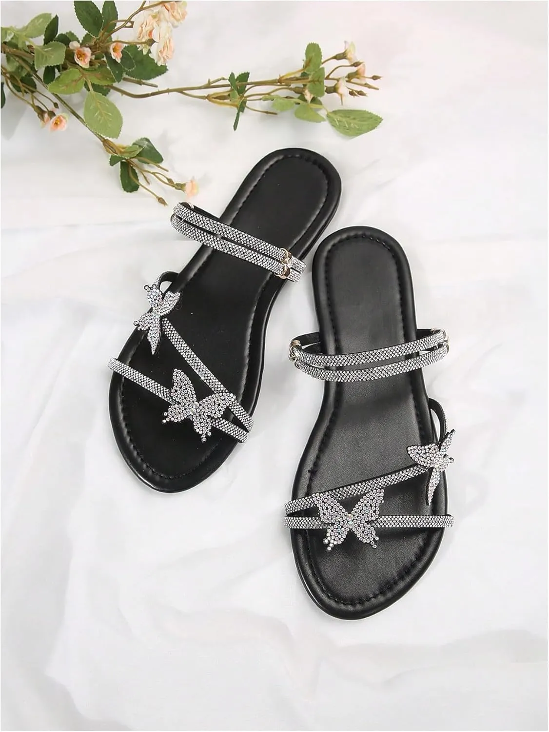 Floerns Women's Elegant Rhinestone Butterfly Transparent Elastic Strap Summer Flat Sandals