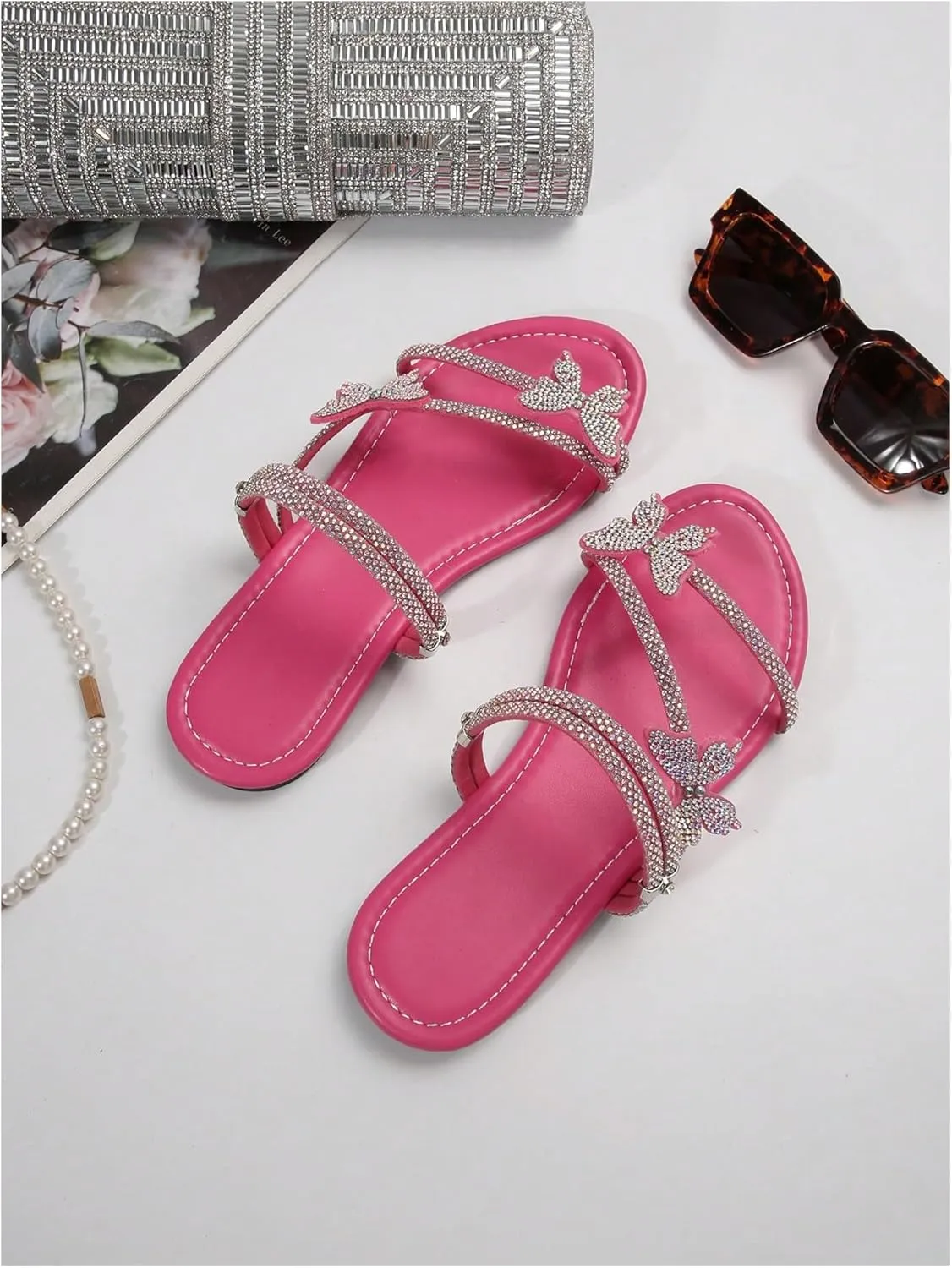 Floerns Women's Elegant Rhinestone Butterfly Transparent Elastic Strap Summer Flat Sandals