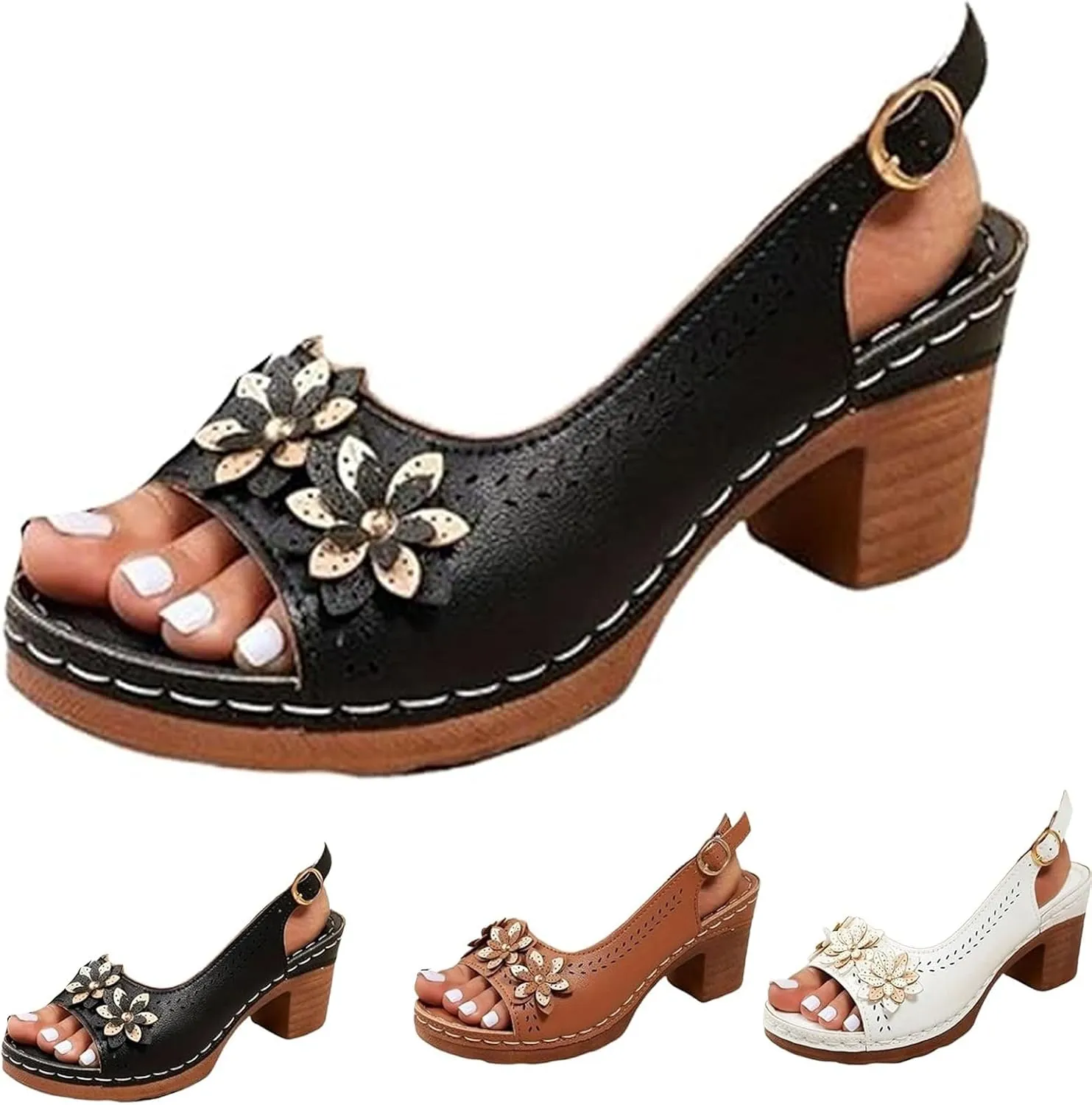 Floral Wedge Sandals,Women's Platform Chunky Heels Low Block Heeled Sandals,Floral Wedges, Casual Summer Mules