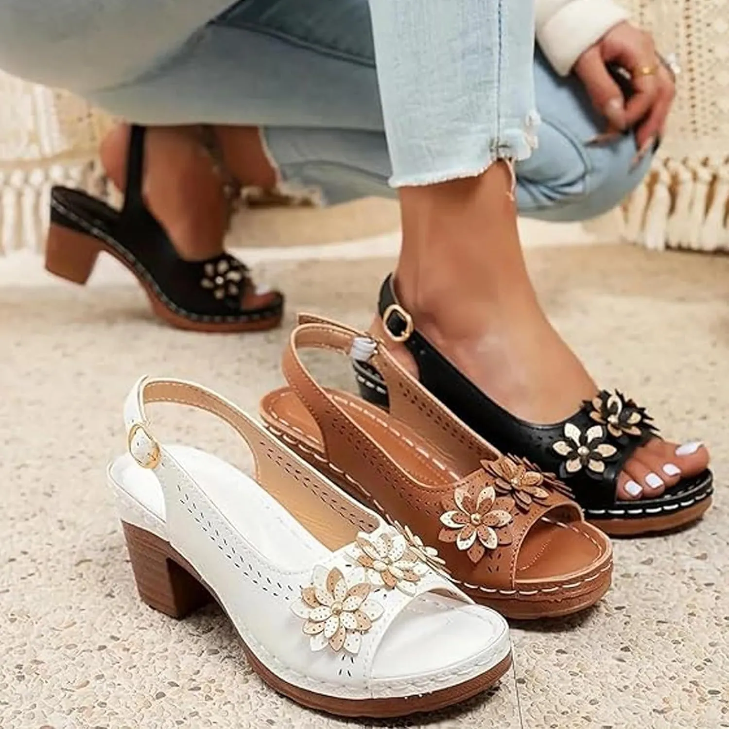 Floral Wedge Sandals,Women's Platform Chunky Heels Low Block Heeled Sandals,Floral Wedges, Casual Summer Mules
