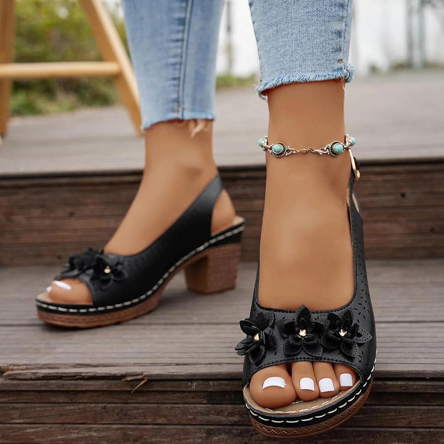 Floral Wedge Sandals,Women's Platform Chunky Heels Low Block Heeled Sandals,Floral Wedges, Casual Summer Mules