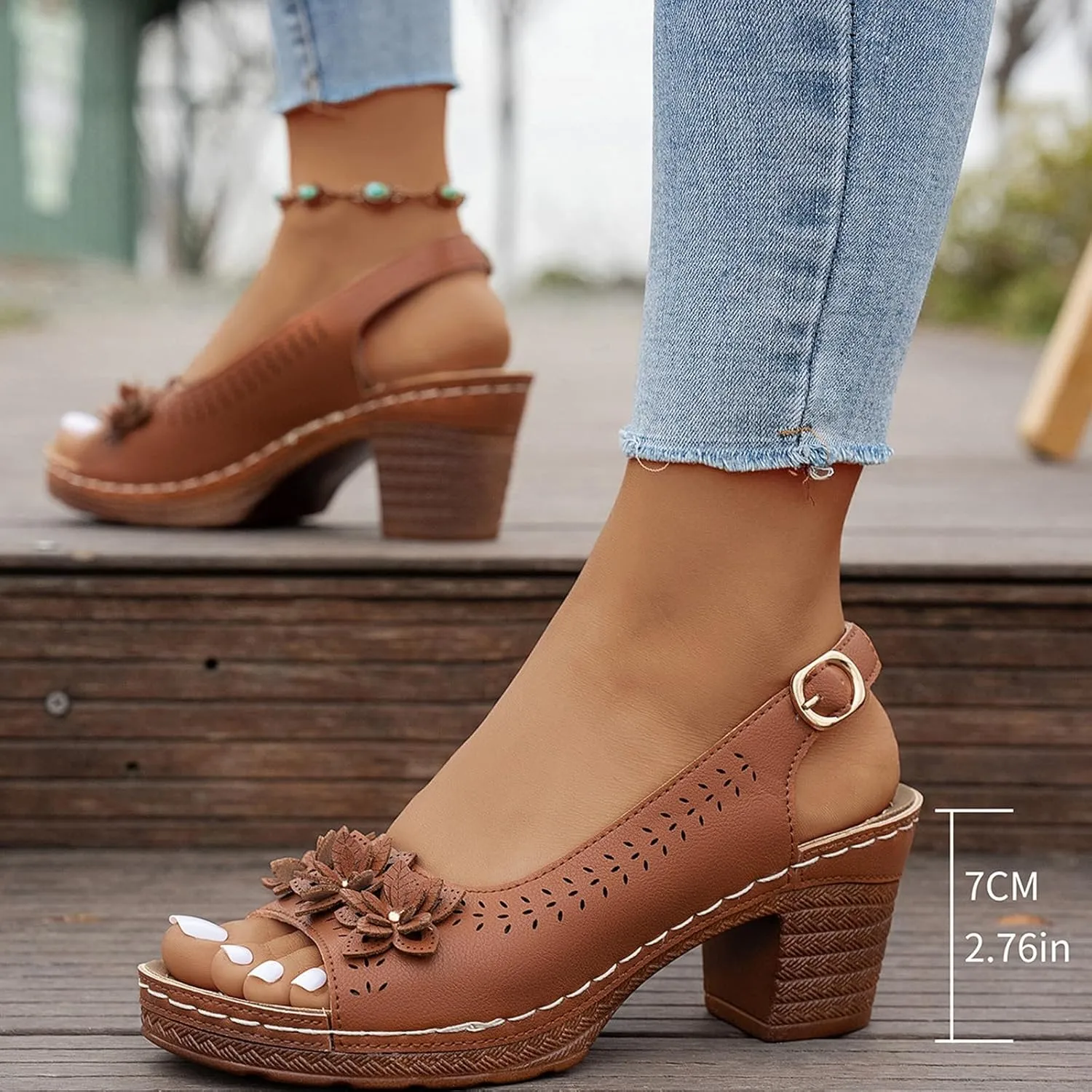 Floral Wedge Sandals,Women's Platform Chunky Heels Low Block Heeled Sandals,Floral Wedges, Casual Summer Mules