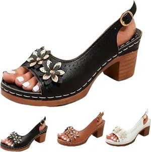Floral Wedge Sandals,Women's Platform Chunky Heels Low Block Heeled Sandals,Floral Wedges, Casual Summer Mules