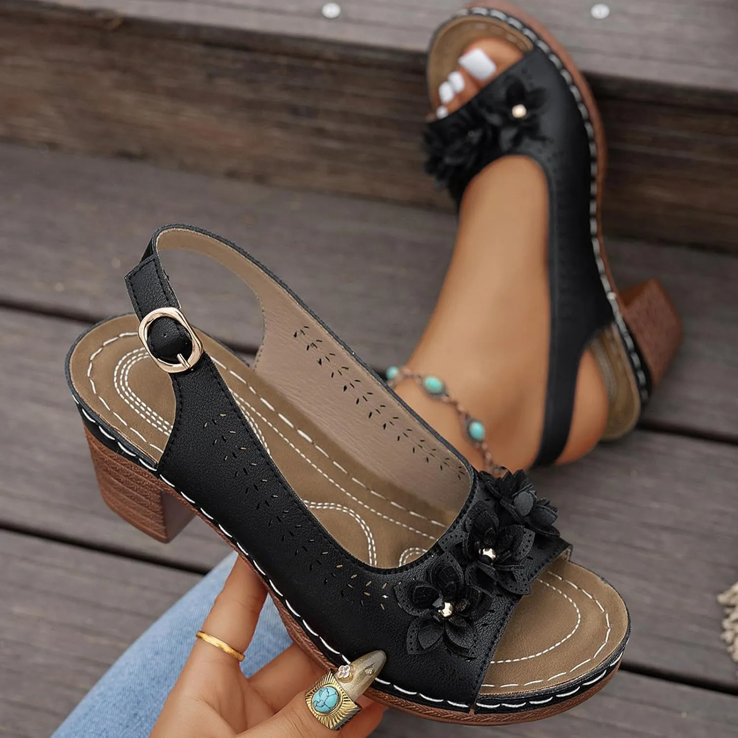 Floral Wedge Sandals,Women's Platform Chunky Heels Low Block Heeled Sandals,Floral Wedges, Casual Summer Mules