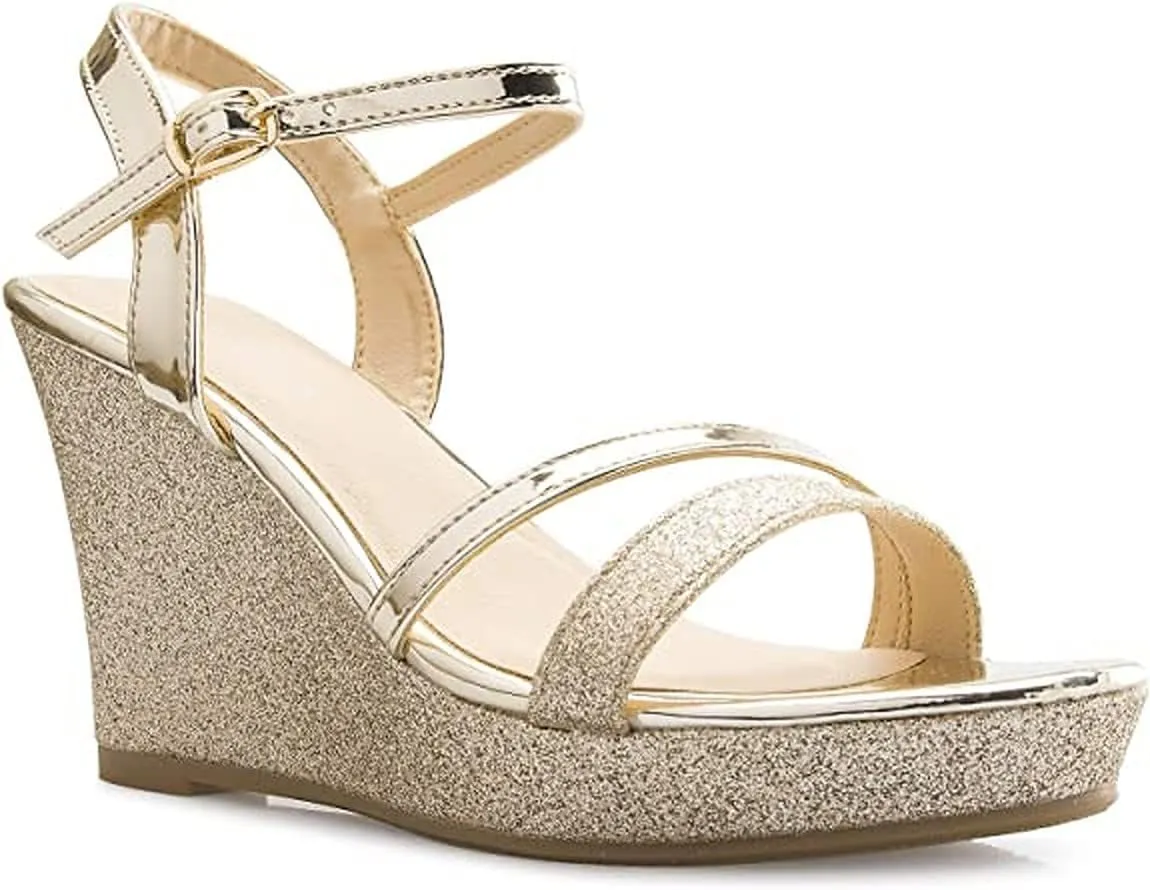 Forever FQ22 Women's Glitter Strappy Wrapped Wedge Heel Platform Sandals