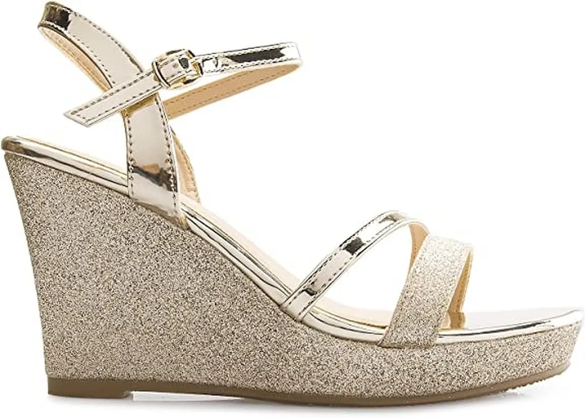 Forever FQ22 Women's Glitter Strappy Wrapped Wedge Heel Platform Sandals