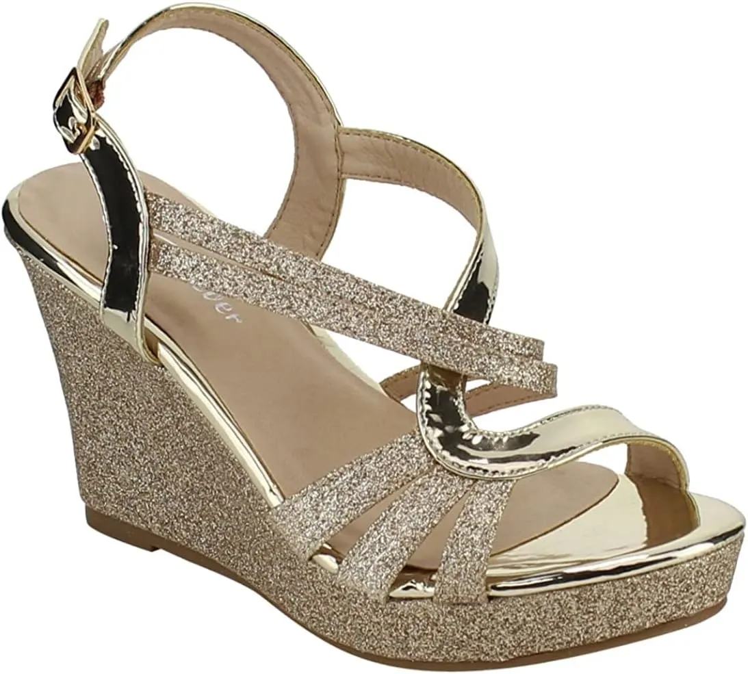 Forever Link Women's Glitter Strappy Wrapped Wedge Heel Platform Sandals