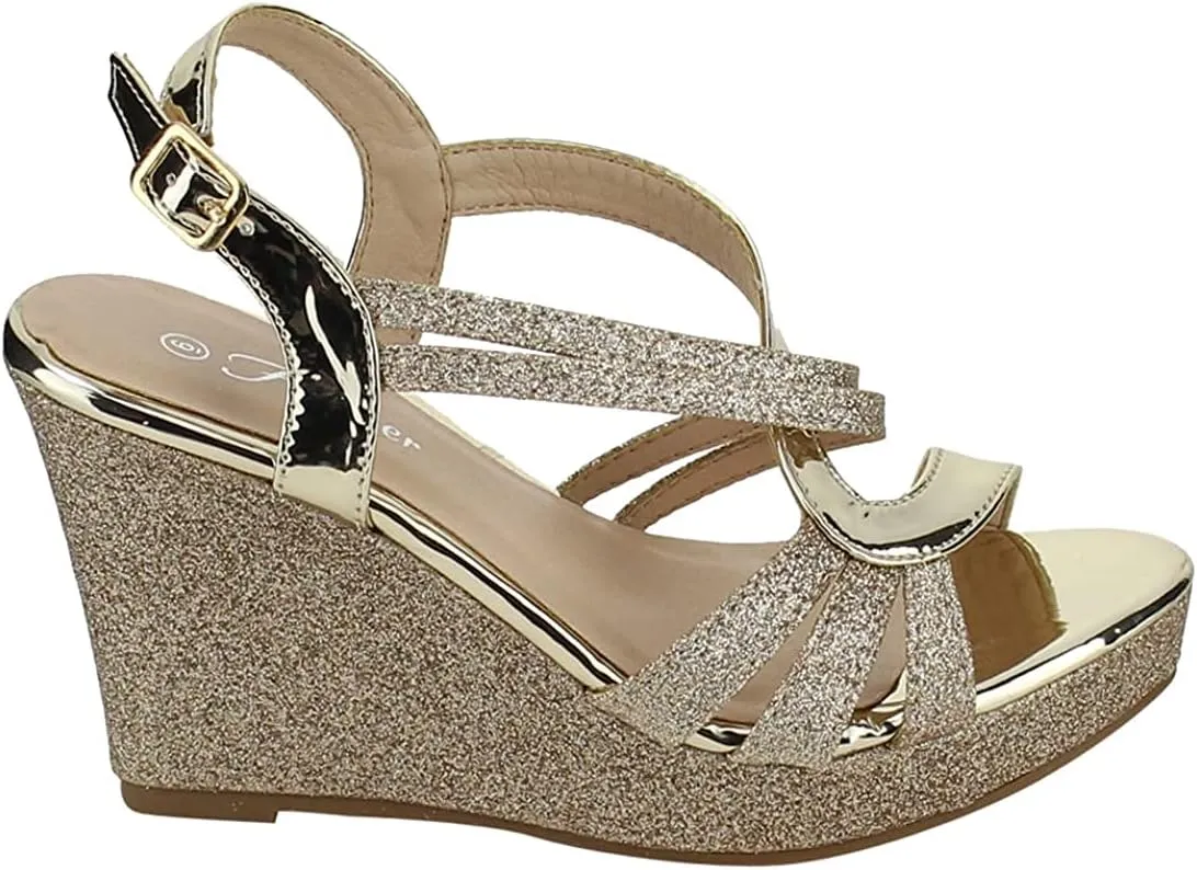 Forever Link Women's Glitter Strappy Wrapped Wedge Heel Platform Sandals