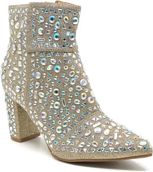 Forever Women Rhinestone Glitter Block Chunky Heel Ankle Booties