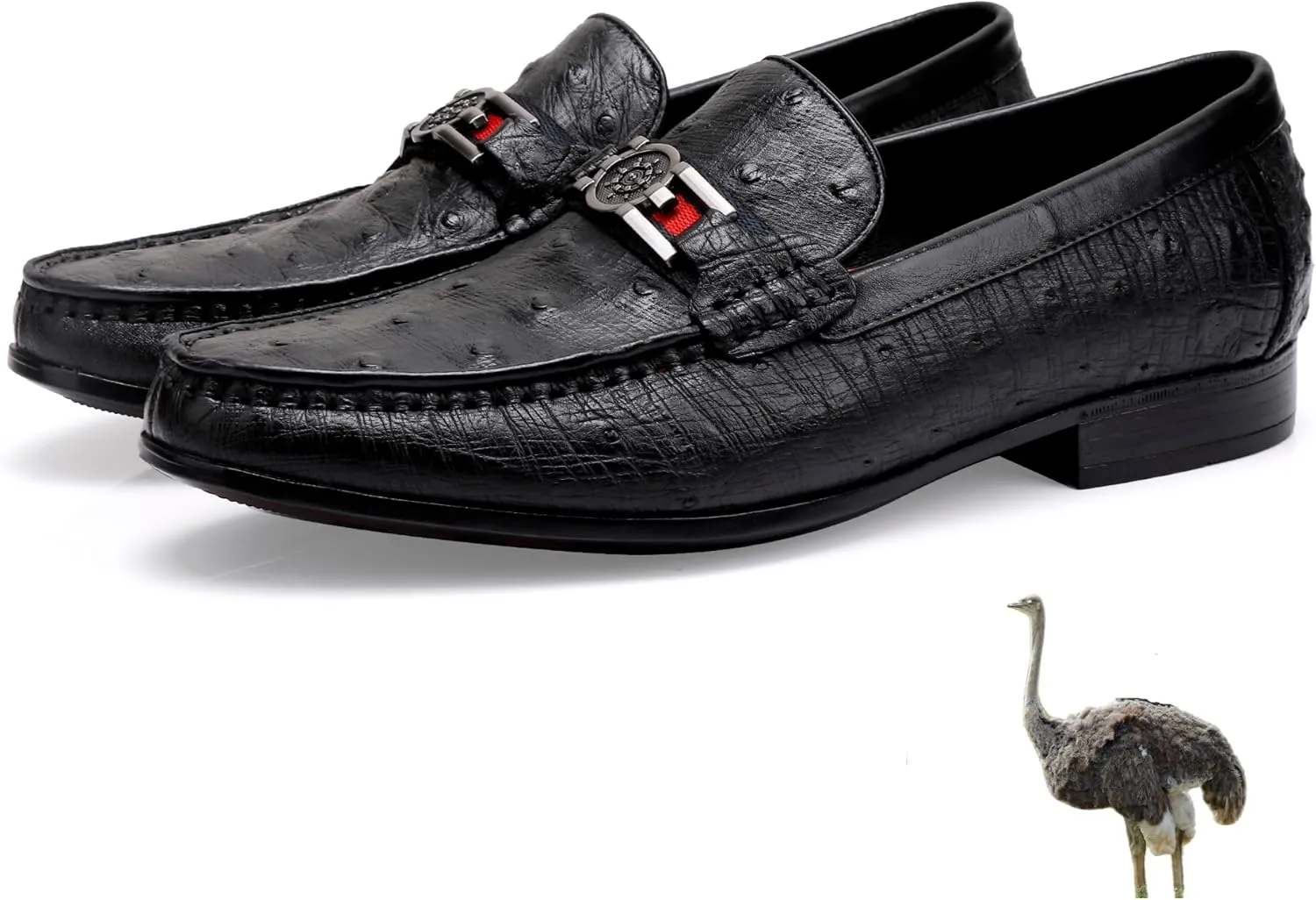 Formal Mens Leather Dress Shoes, Classic Ostrich Pattern Slip On Buckle Loafers Business Shoes Party Wedding Leather Loafers for Mens, Black