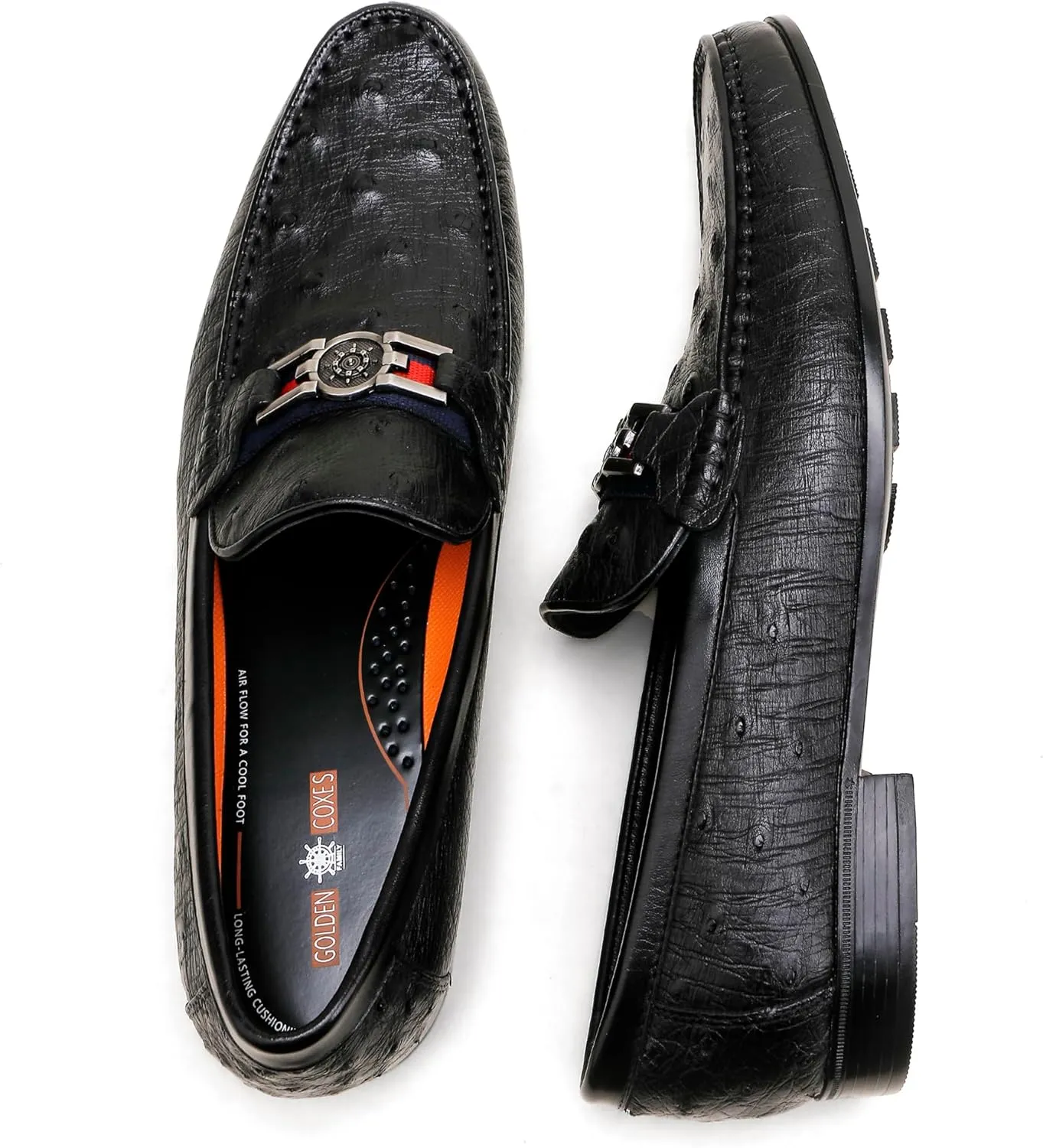 Formal Mens Leather Dress Shoes, Classic Ostrich Pattern Slip On Buckle Loafers Business Shoes Party Wedding Leather Loafers for Mens, Black