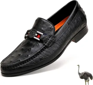 Formal Mens Leather Dress Shoes, Classic Ostrich Pattern Slip On Buckle Loafers Business Shoes Party Wedding Leather Loafers for Mens, Black