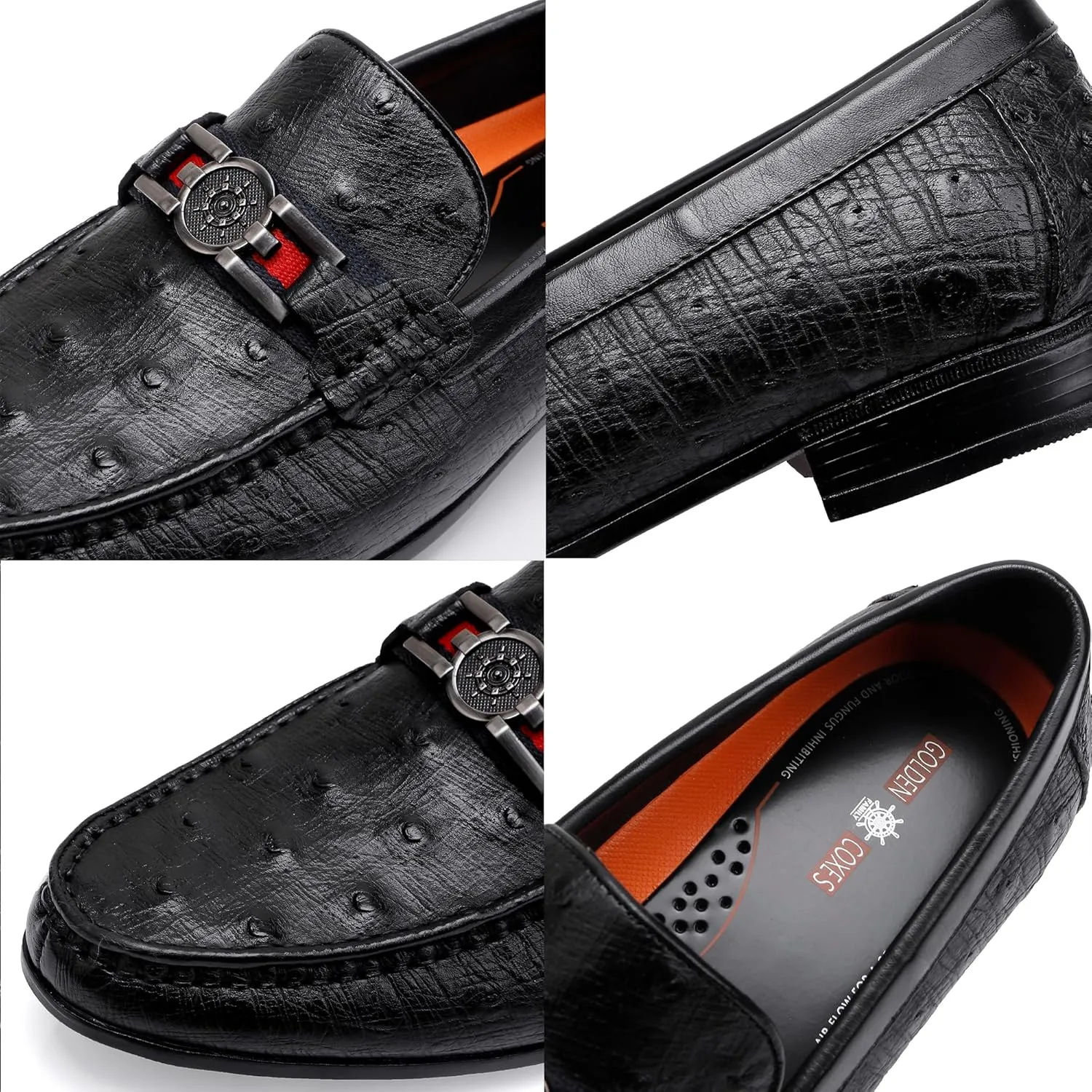 Formal Mens Leather Dress Shoes, Classic Ostrich Pattern Slip On Buckle Loafers Business Shoes Party Wedding Leather Loafers for Mens, Black