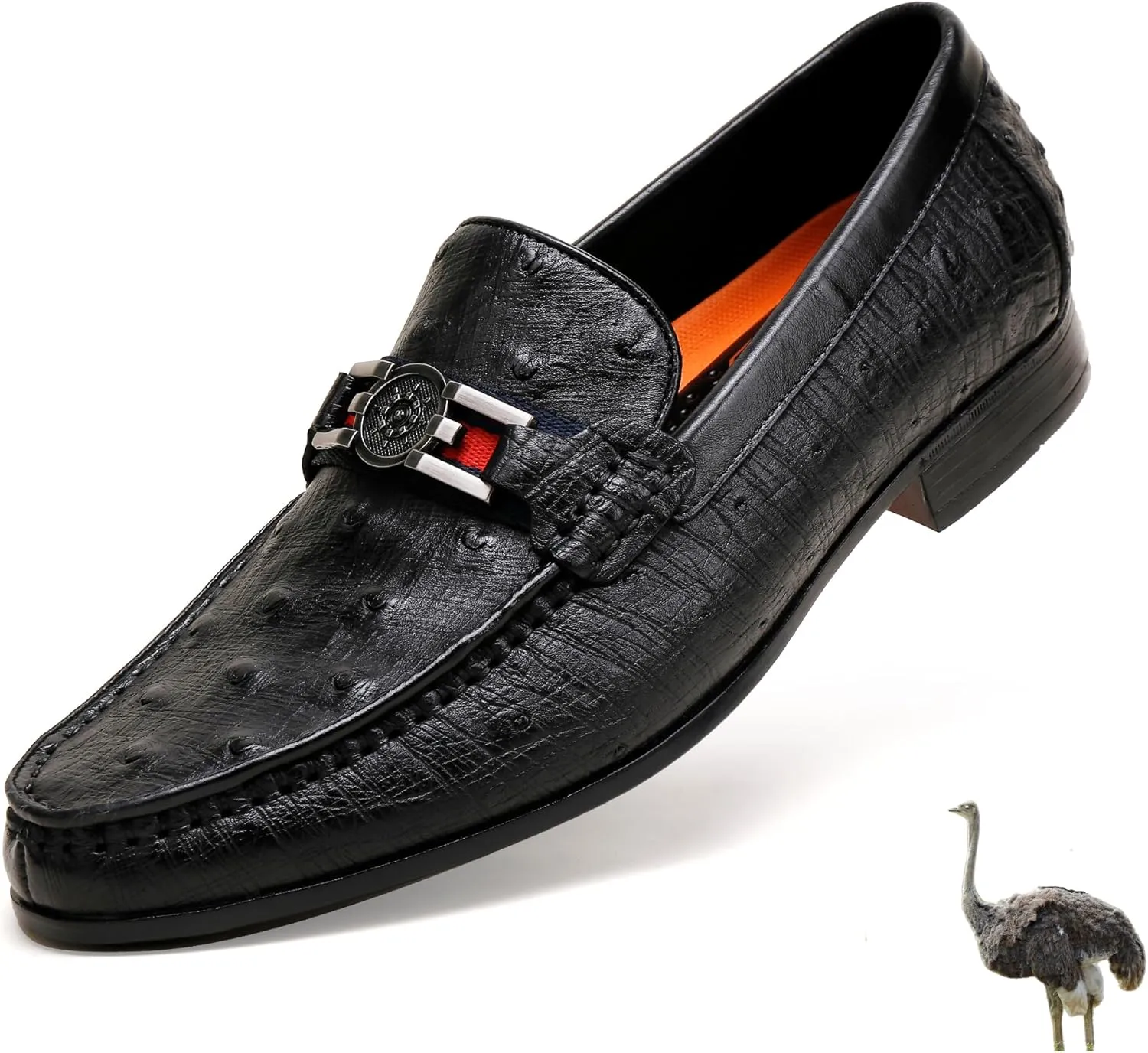 Formal Mens Leather Dress Shoes, Classic Ostrich Pattern Slip On Buckle Loafers Business Shoes Party Wedding Leather Loafers for Mens, Black