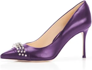 FOWT Women Fashion Rivet Studs Pointed Closed Toe Pumps Stiletto Mid High Heels Classic Chic Elegant Party Dress Shoes 4-15 M US