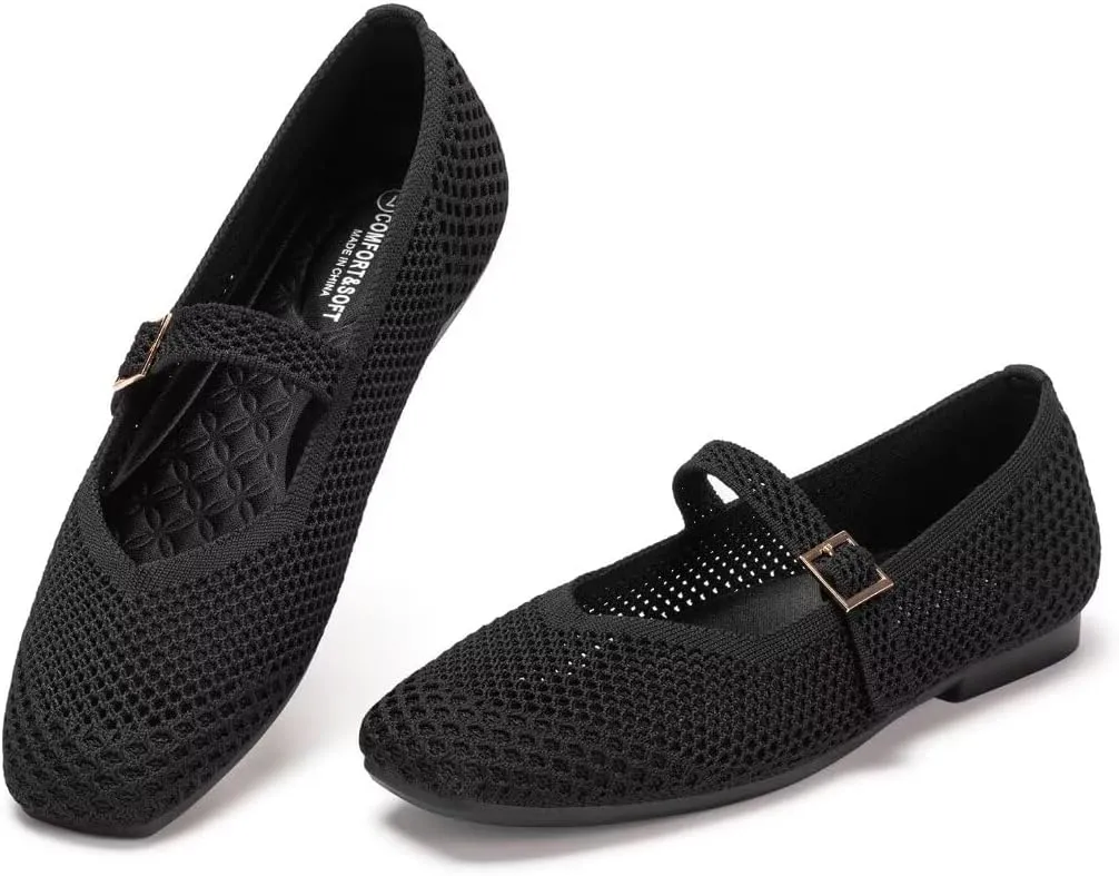 Frank Mully Womens Casual Flat Shoes Square Toe Shoes Knitted Mesh Flat Comfort Work Flat Shoes for Daily Washable