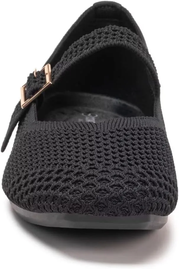 Frank Mully Womens Casual Flat Shoes Square Toe Shoes Knitted Mesh Flat Comfort Work Flat Shoes for Daily Washable