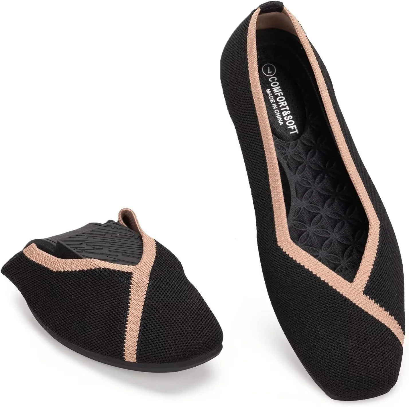 Frank Mully Womens Square Toe Flat Shoes Comfortable Knitted Flats Work Flats for Woman
