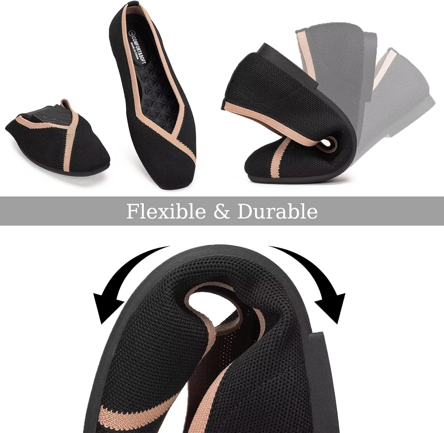 Frank Mully Womens Square Toe Flat Shoes Comfortable Knitted Flats Work Flats for Woman
