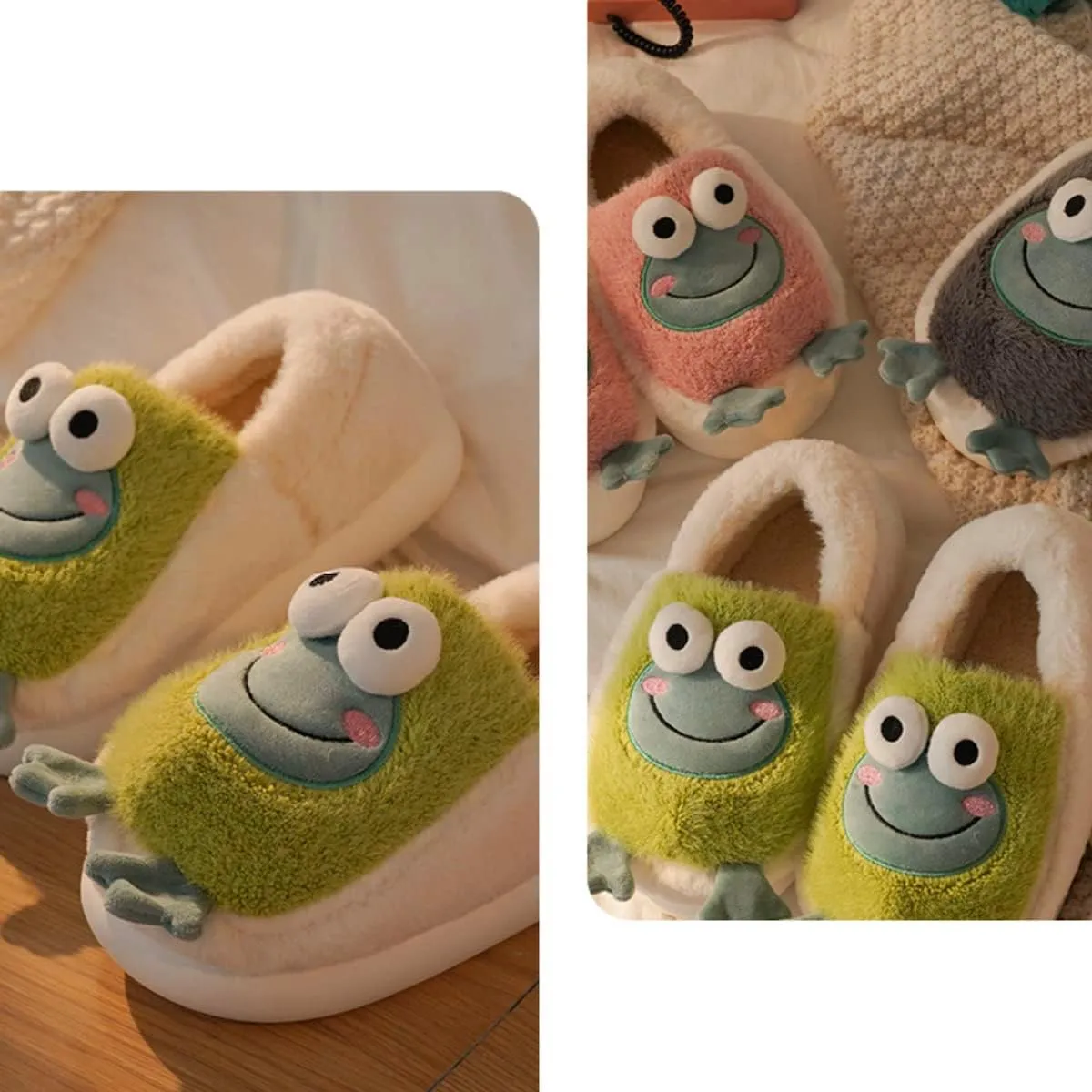 Frog Slippers for Women Cute Animal Slippers for Teen Girls Winter Fuzzy House Slippers (8-8.5, Grey)