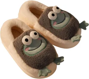 Frog Slippers for Women Cute Animal Slippers for Teen Girls Winter Fuzzy House Slippers (8-8.5, Grey)