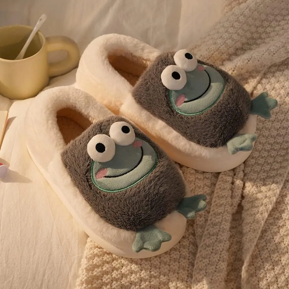 Frog Slippers for Women Cute Animal Slippers for Teen Girls Winter Fuzzy House Slippers (8-8.5, Grey)