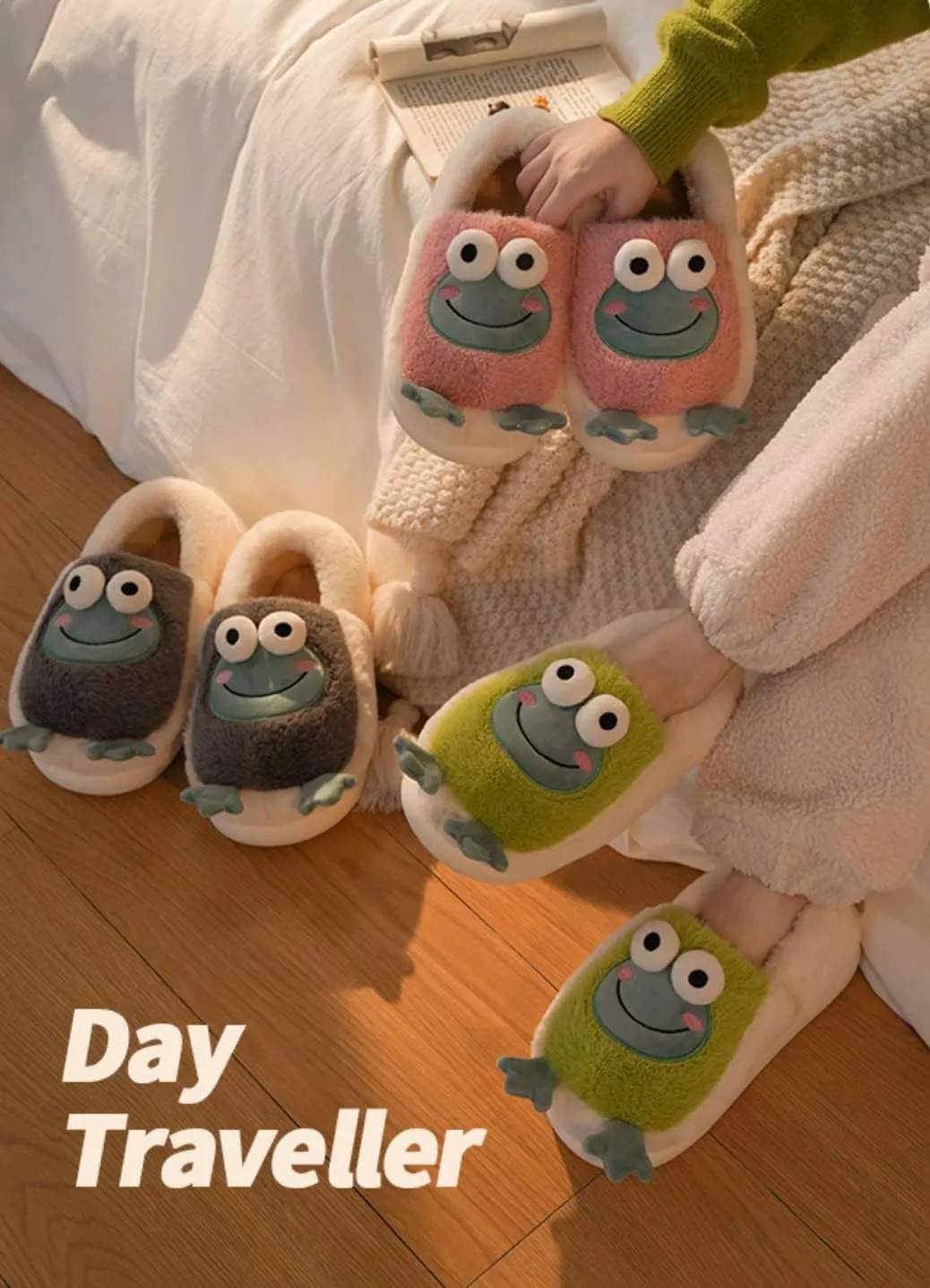 Frog Slippers for Women Cute Animal Slippers for Teen Girls Winter Fuzzy House Slippers (8-8.5, Grey)